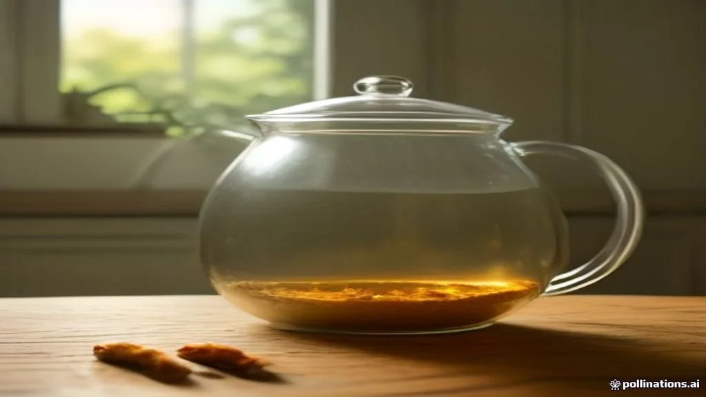 Bình trà thủy tinh chứa sợi đông trùng hạ thảo khô vàng óng đang hãm nước ấm