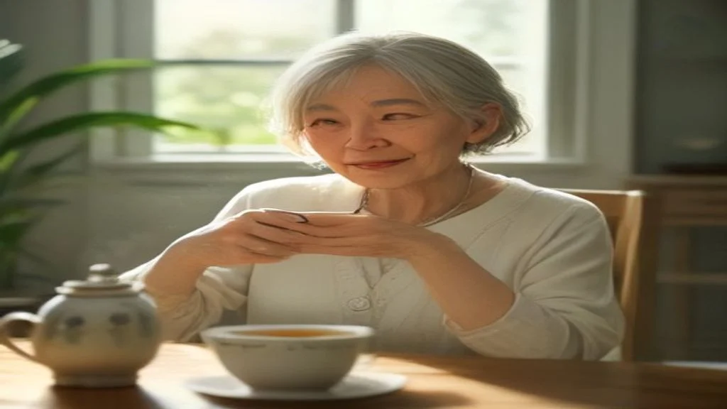 Khách hàng lớn tuổi đang mỉm cười pha trà đông trùng hạ thảo Nocovy tại nhà